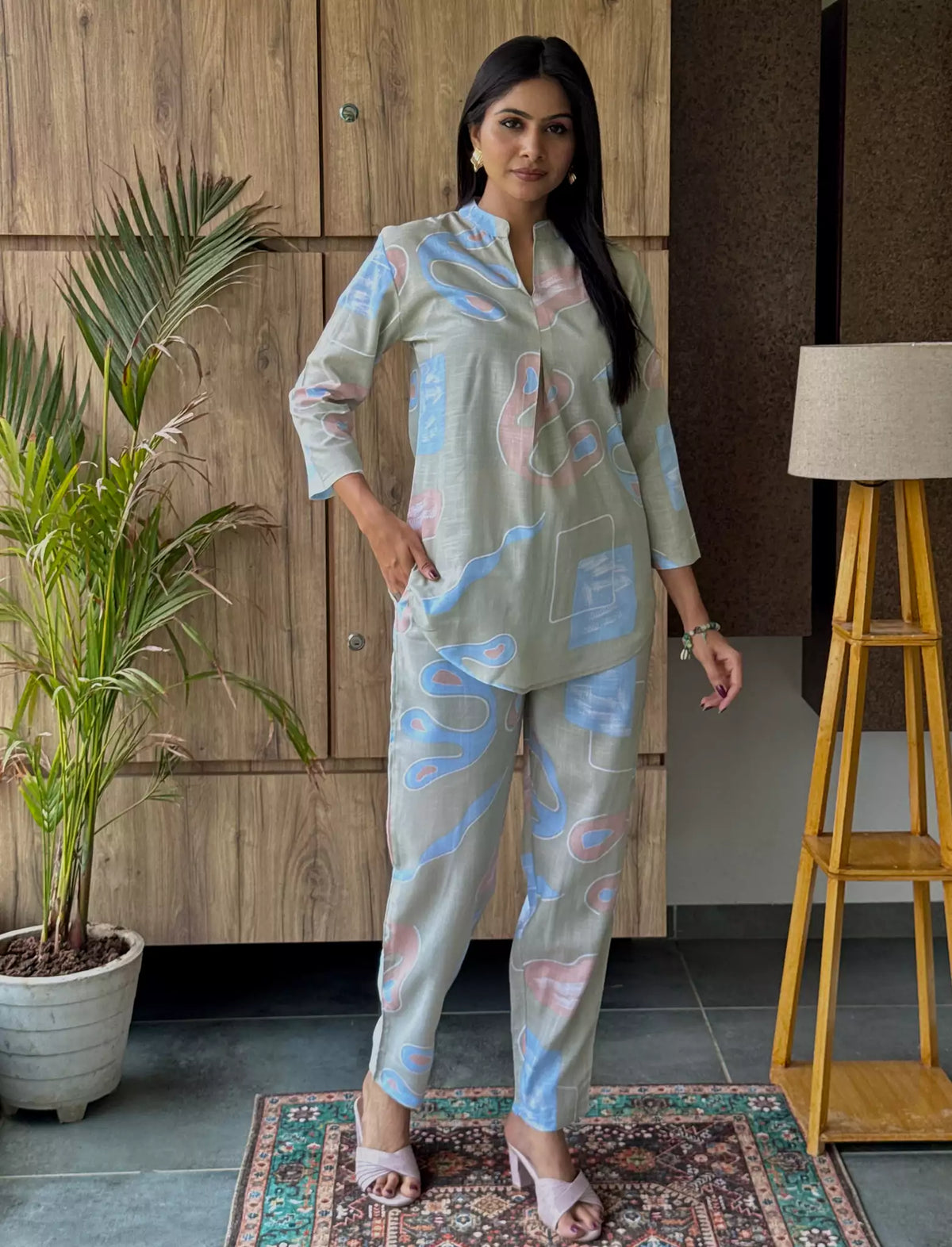 Sage Abstract Print Rayon Co-Ord Set for Women - Mangai Nighties