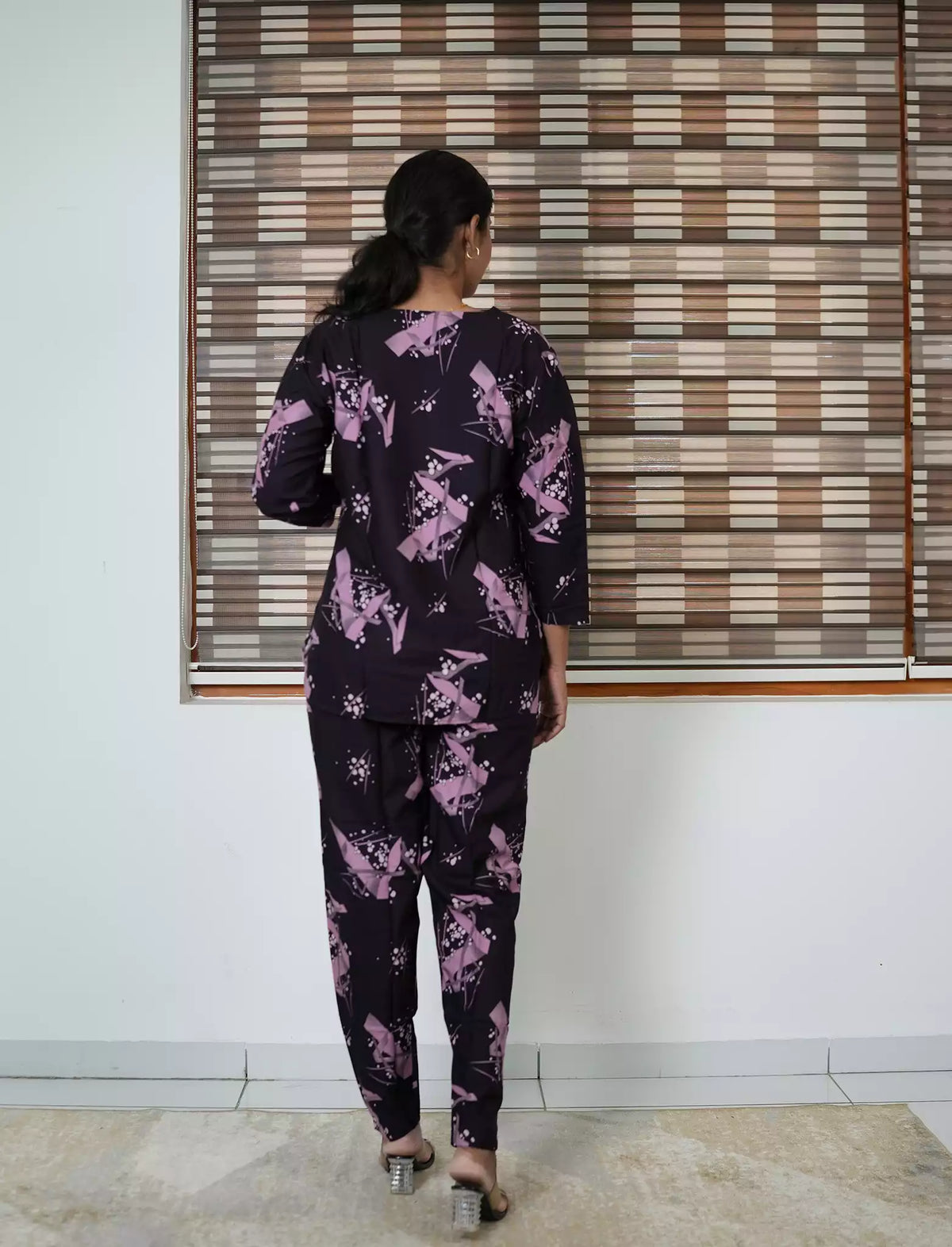 Purple Abstract Print Rayon Co-Ord Set - Mangai Nighties