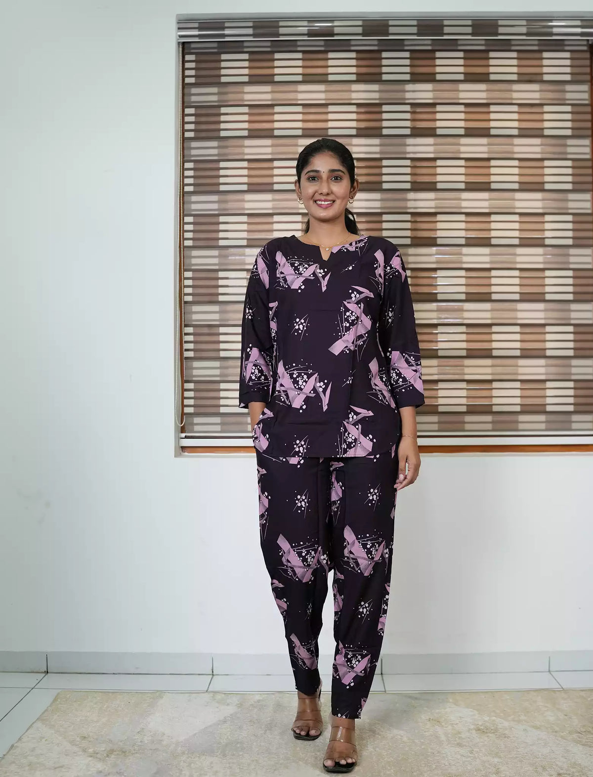 Purple Abstract Print Rayon Co-Ord Set - Mangai Nighties