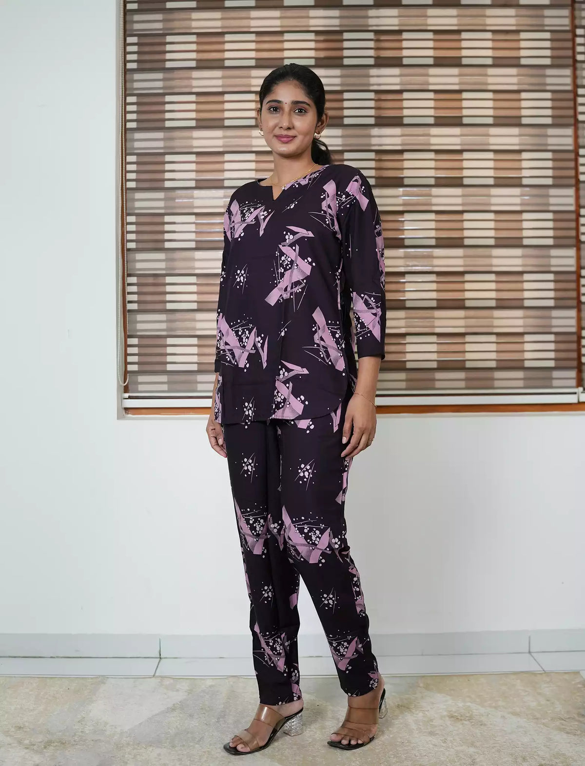 Purple Abstract Print Rayon Co-Ord Set - Mangai Nighties