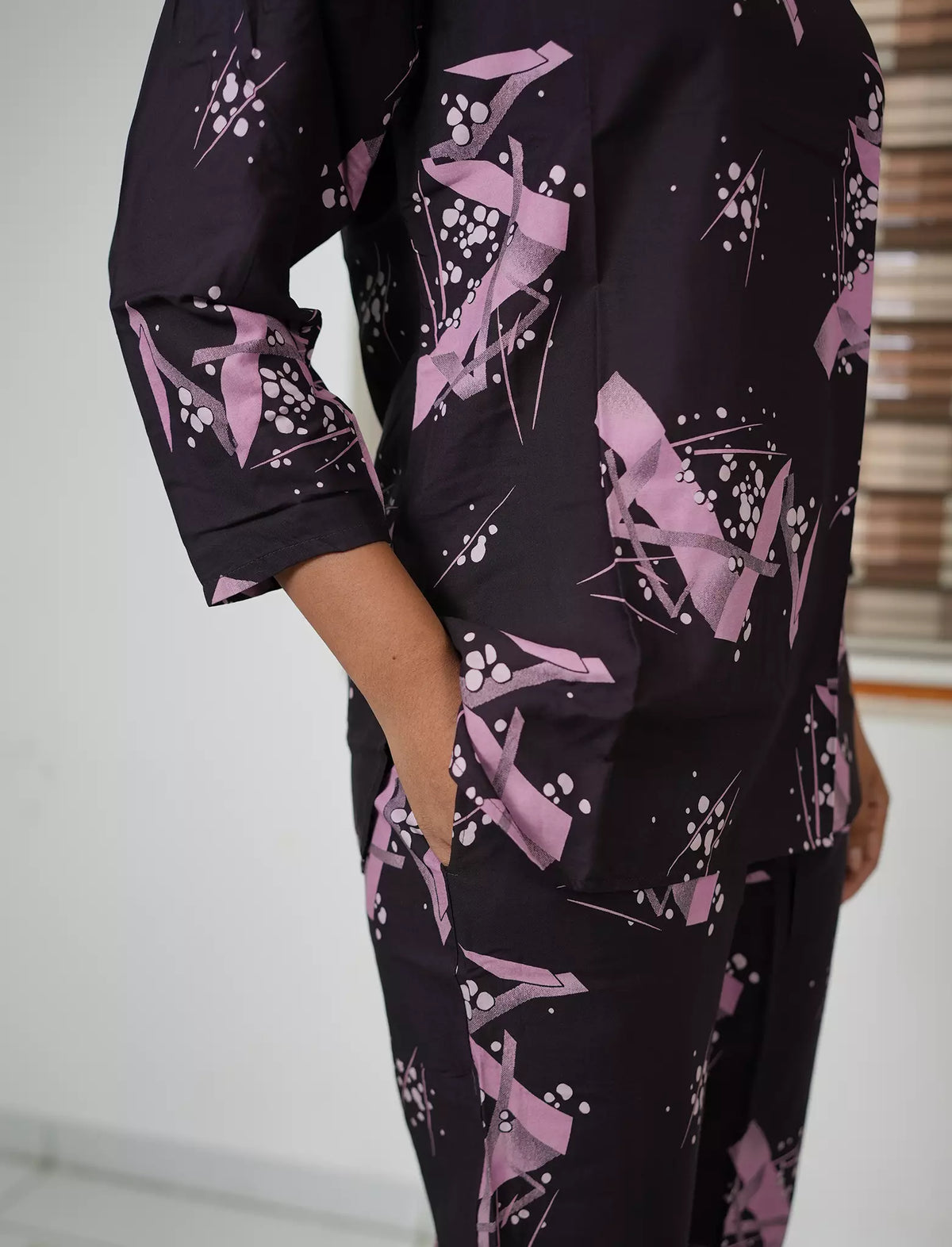 Purple Abstract Print Rayon Co-Ord Set - Mangai Nighties