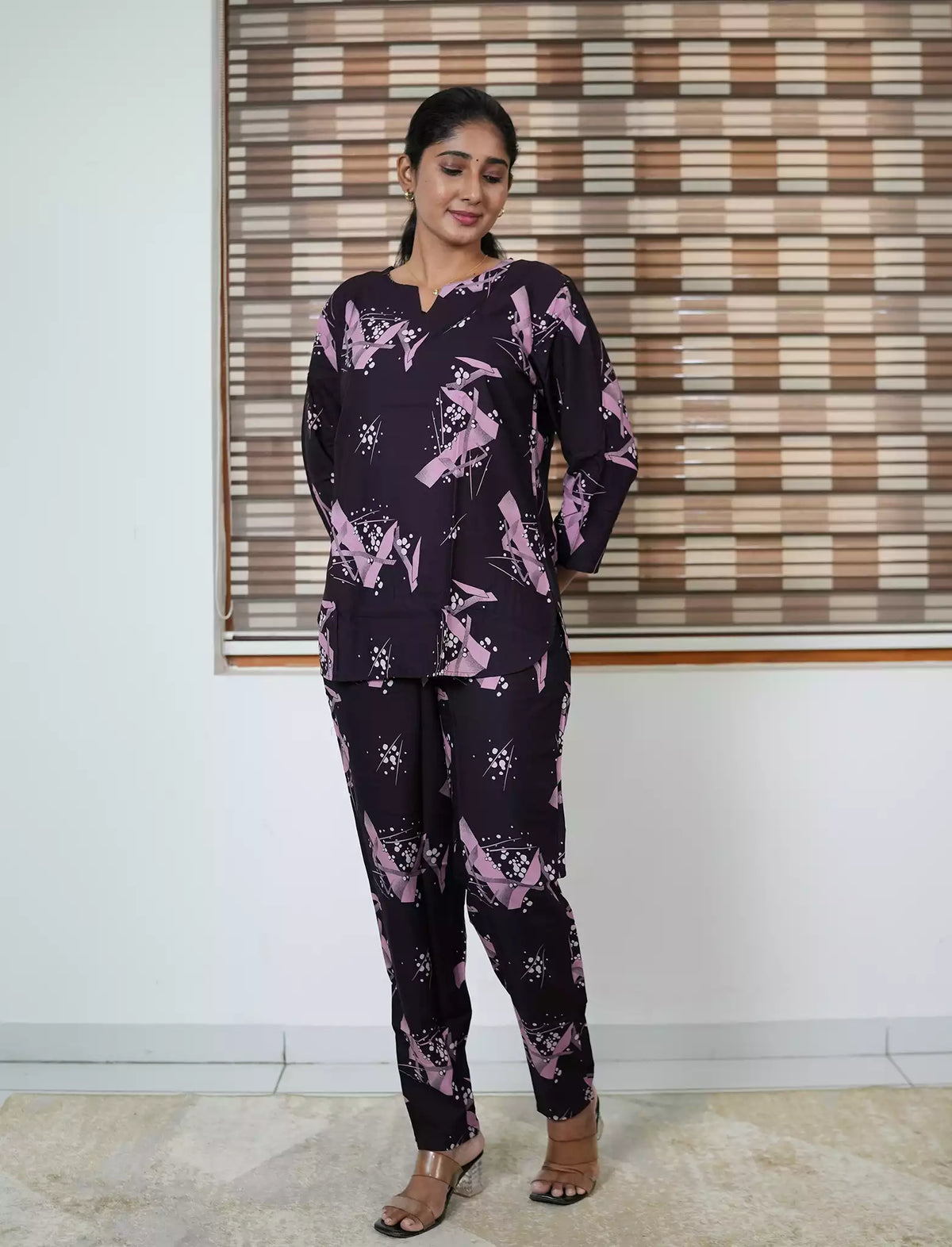 Purple Abstract Print Rayon Co-Ord Set - Mangai Nighties
