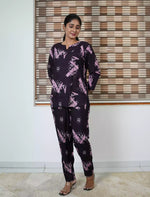 Purple Abstract Print Rayon Co-Ord Set - Mangai Nighties