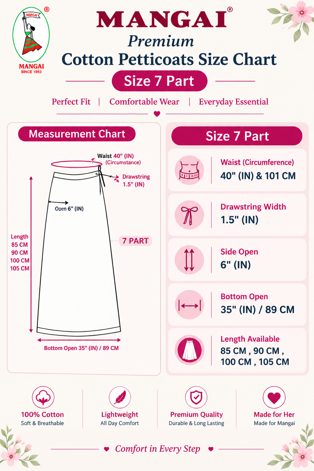 MANGAI Premium Superior Cotton Petticoats - 7 Part Embroidery Design | Matched Drawstring | Premium Quality (SPR-PC)