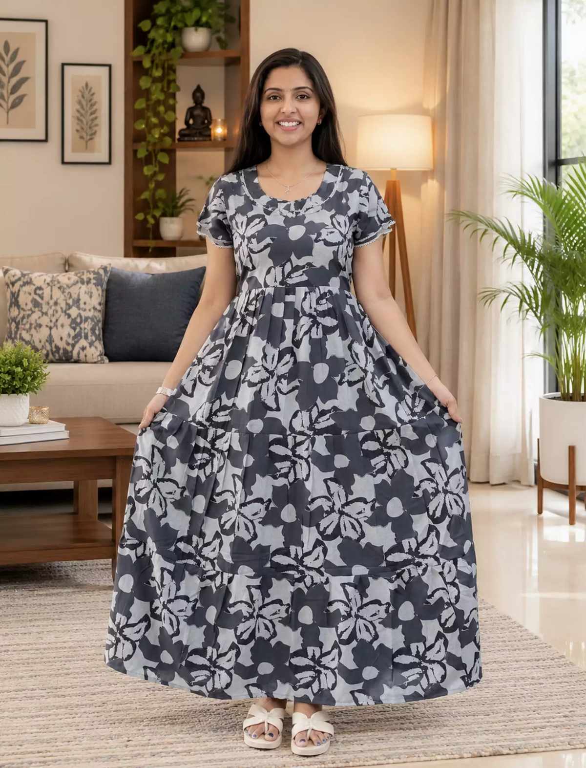 Premium Alpine 3-Layer Navy Bloom Maxi Frock – Botanical Print with Double Layer Flutter Sleeves, Square Neck & Adjustable Back Tie