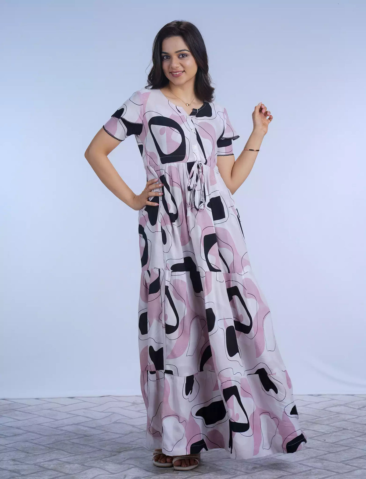 Abstract Printed Rayon Full Frock with Layer Sleeves with Front Gathering Tie - Mangai Nighties
