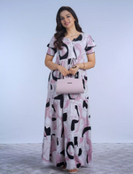 Abstract Printed Rayon Full Frock with Layer Sleeves with Front Gathering Tie - Mangai Nighties