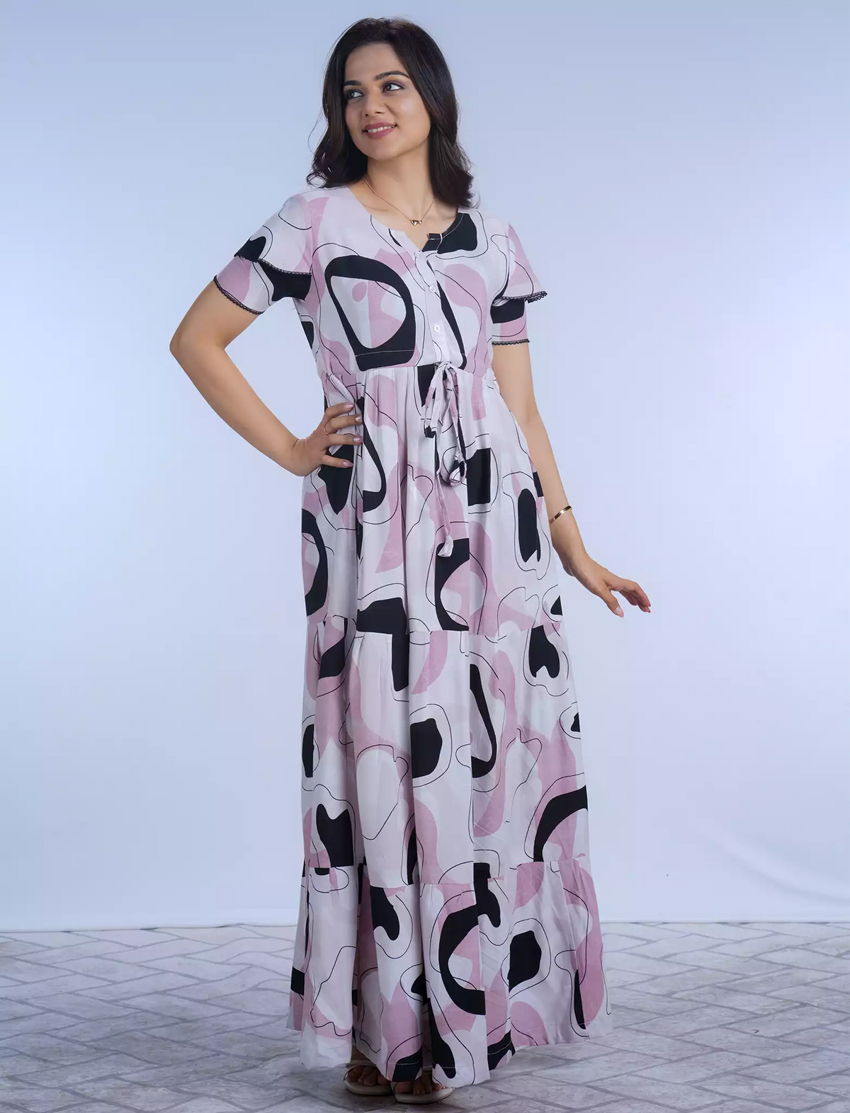 Abstract Printed Rayon Full Frock with Layer Sleeves with Front Gathering Tie - Mangai Nighties
