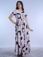Abstract Printed Rayon Full Frock with Layer Sleeves with Front Gathering Tie - Mangai Nighties