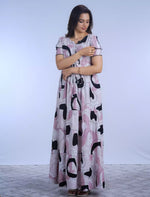 Abstract Printed Rayon Full Frock with Layer Sleeves with Front Gathering Tie - Mangai Nighties