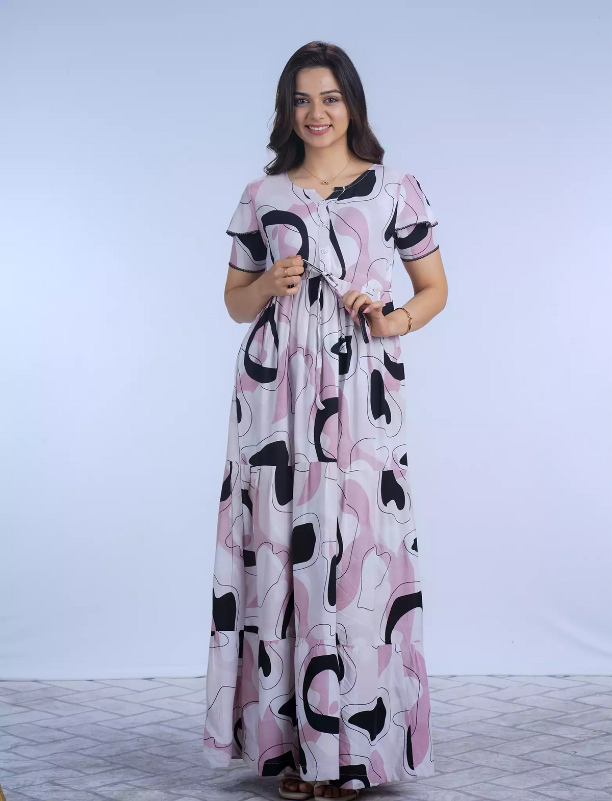 Abstract Printed Rayon Full Frock with Layer Sleeves with Front Gathering Tie - Mangai Nighties