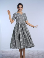 Festive Wear Stylish Grey Circle Print Rayon Maxi Frock with Back Tie - Mangai Nighties