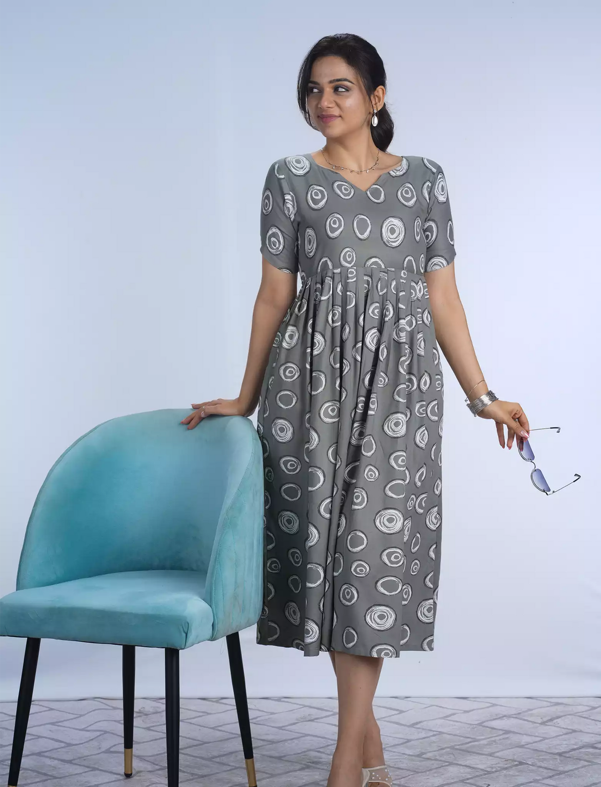 Festive Wear Stylish Grey Circle Print Rayon Maxi Frock with Back Tie - Mangai Nighties