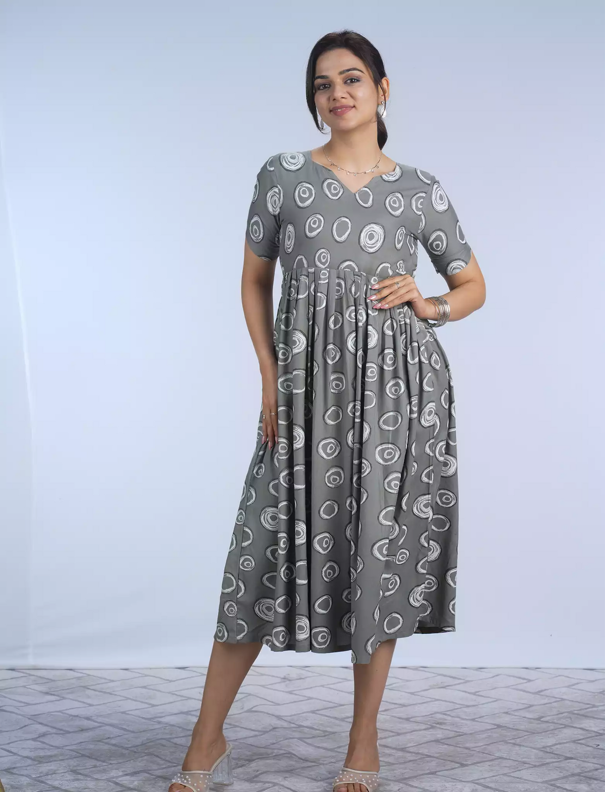 Festive Wear Stylish Grey Circle Print Rayon Maxi Frock with Back Tie - Mangai Nighties