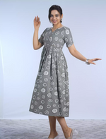 Festive Wear Stylish Grey Circle Print Rayon Maxi Frock with Back Tie - Mangai Nighties