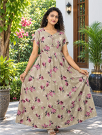 Alpine Floral Print Petal Sleeve 3 Layer Full Frock - Mangai Nighties