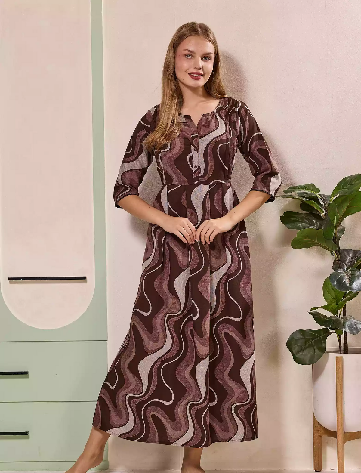 Coffee Brown Alpine Kurti with 3/4 long Sleeves - Mangai Nighties