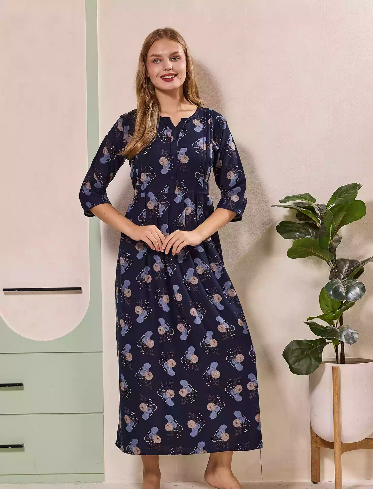 Navy Alpine Kurti with 3/4 long Sleeves - Mangai Nighties