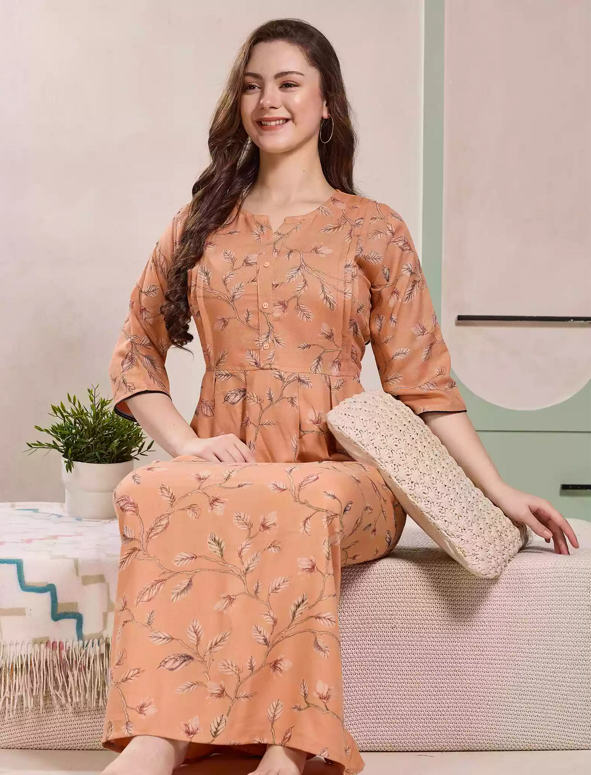 Orange Alpine Kurti with 3/4 long Sleeves - Mangai Nighties