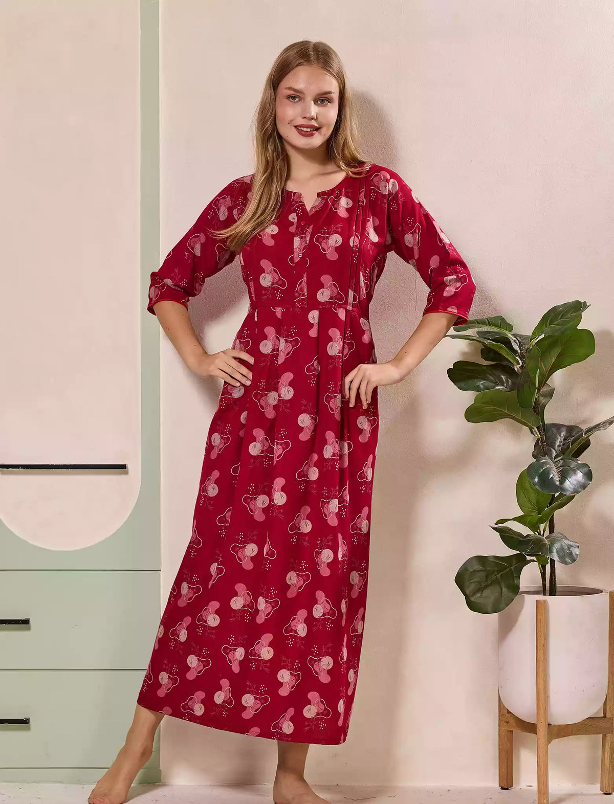 Red Alpine Kurti with 3/4 long Sleeves - Mangai Nighties