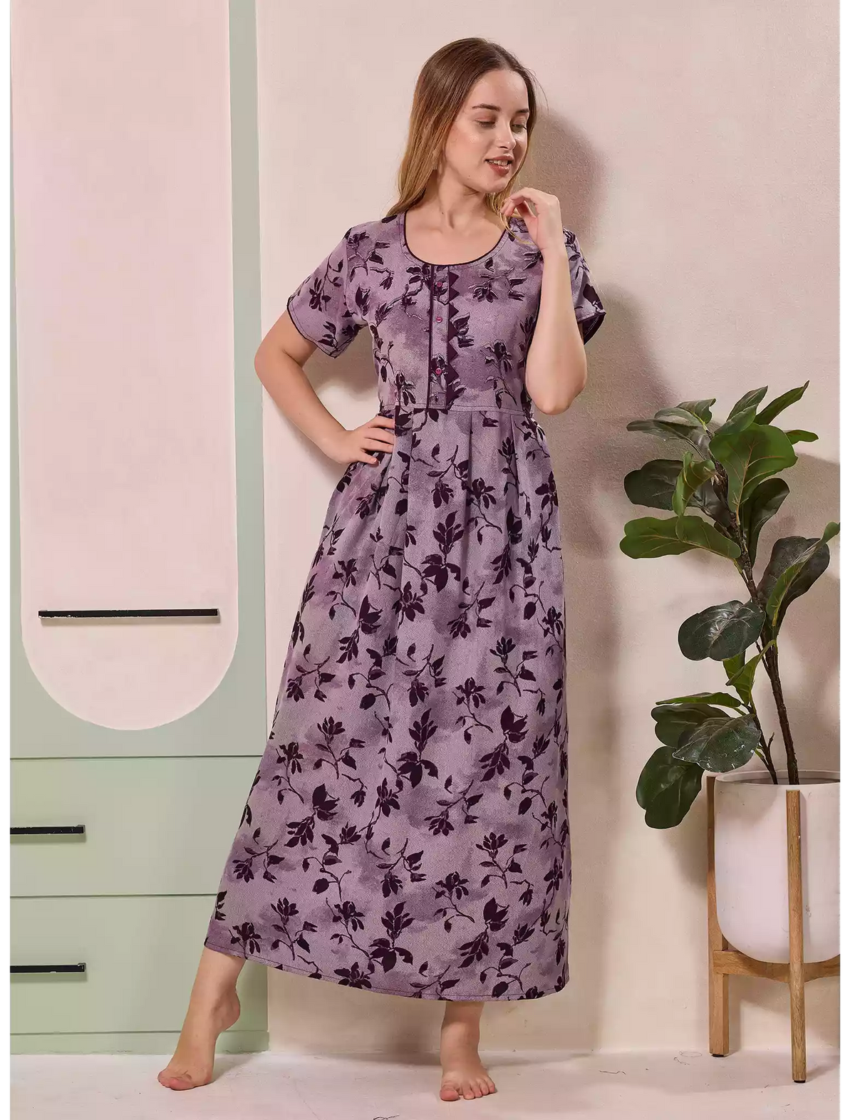 Alpine Floral Print Kurti Style Nighty With Pocket - Mangai Nighties