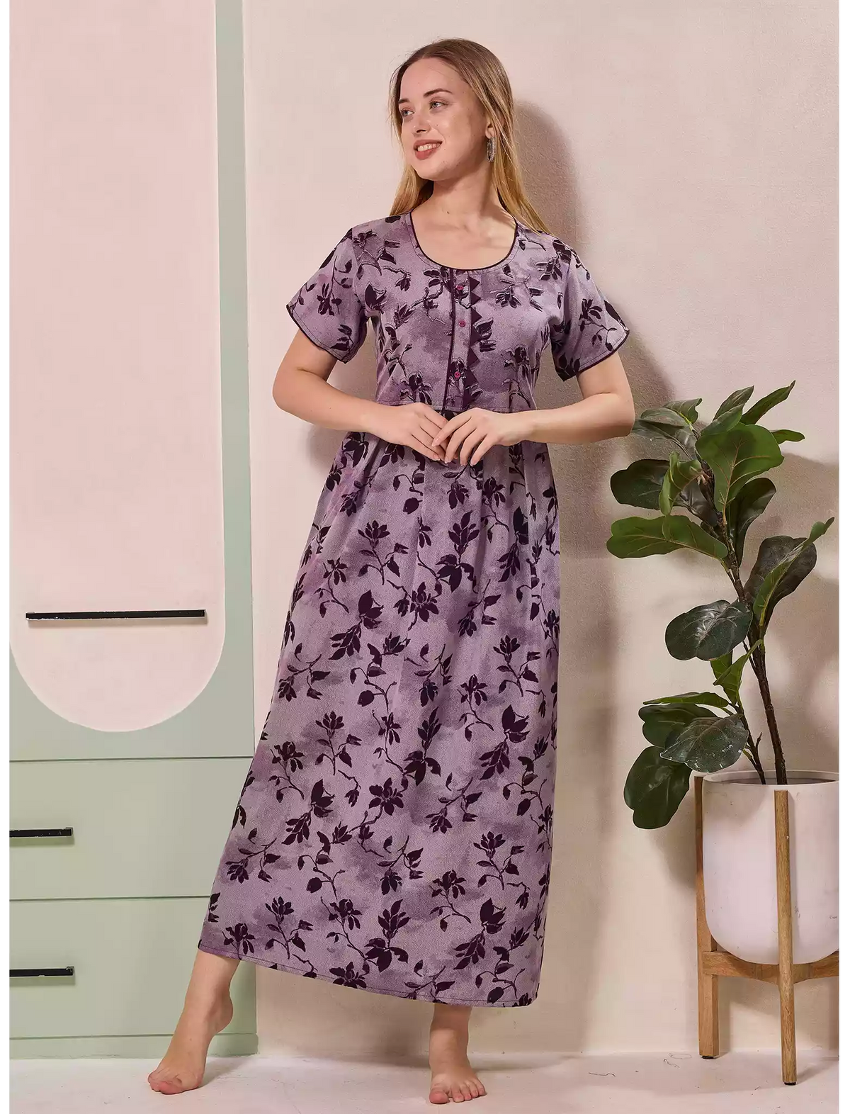 Alpine Floral Print Kurti Style Nighty With Pocket - Mangai Nighties