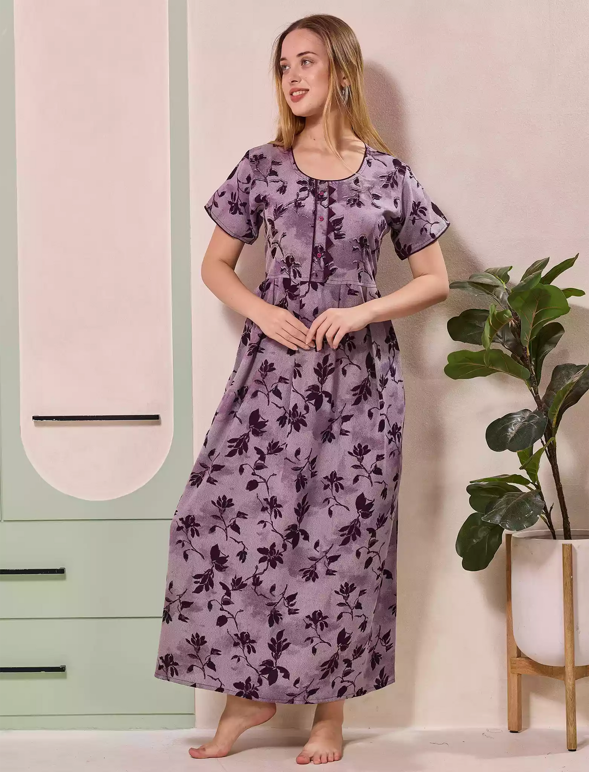 Alpine Floral Print Kurti Style Nighty With Pocket - Mangai Nighties