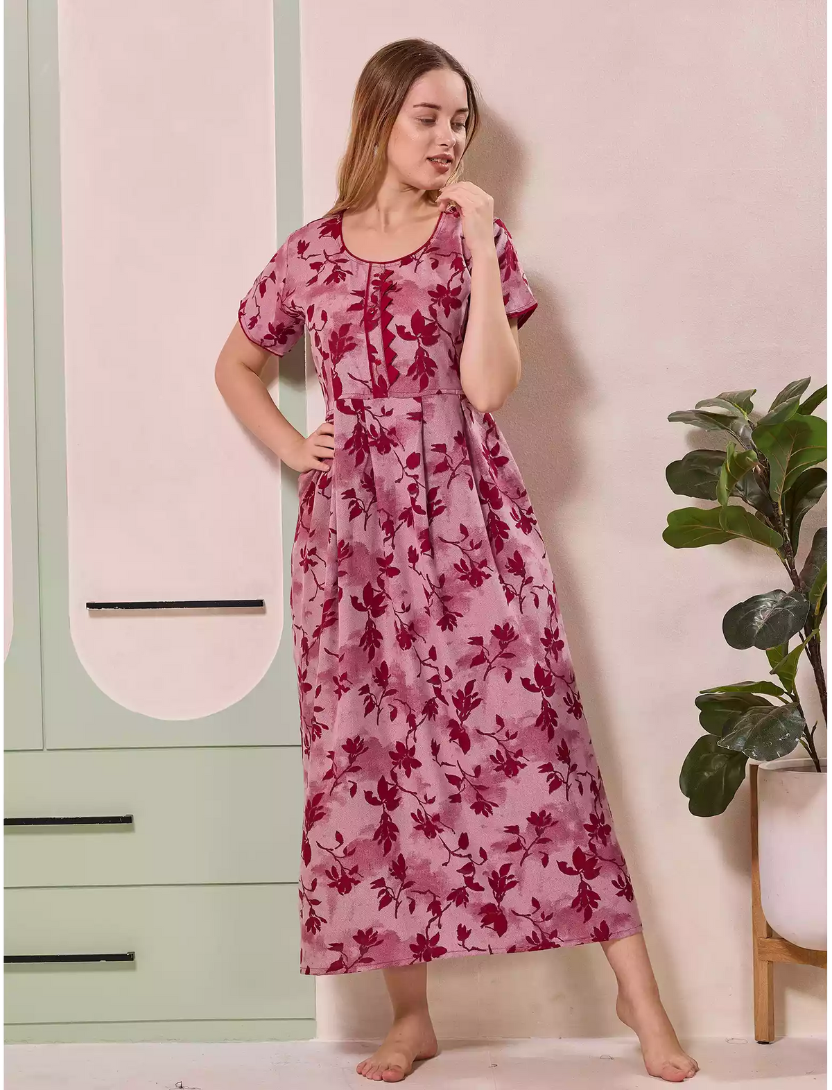 Alpine Floral Print Kurti Style Nighty With Pocket - Mangai Nighties