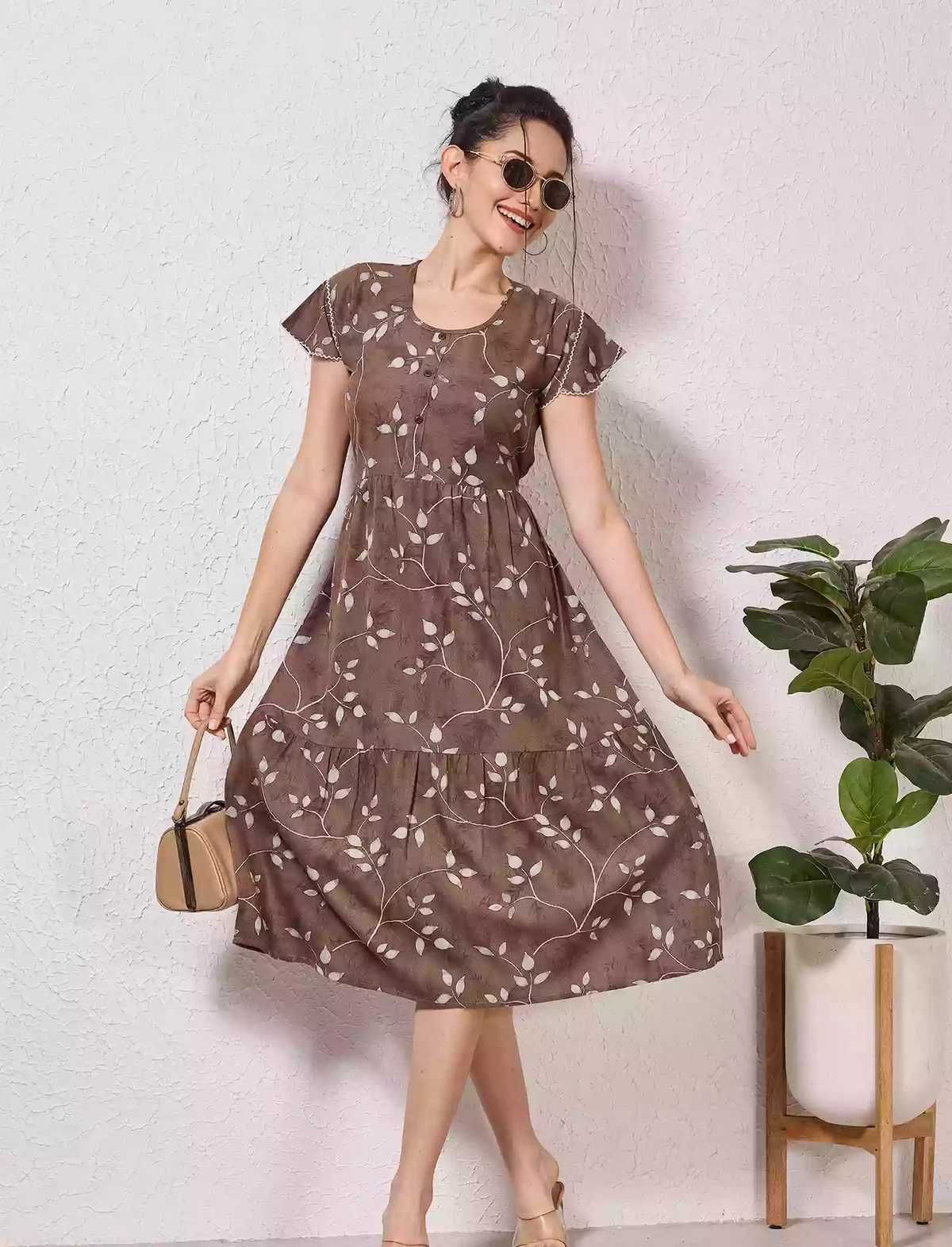 Alpine Petal Sleeve Floral Printed Maxi Dress Elegance - Mangai Nighties
