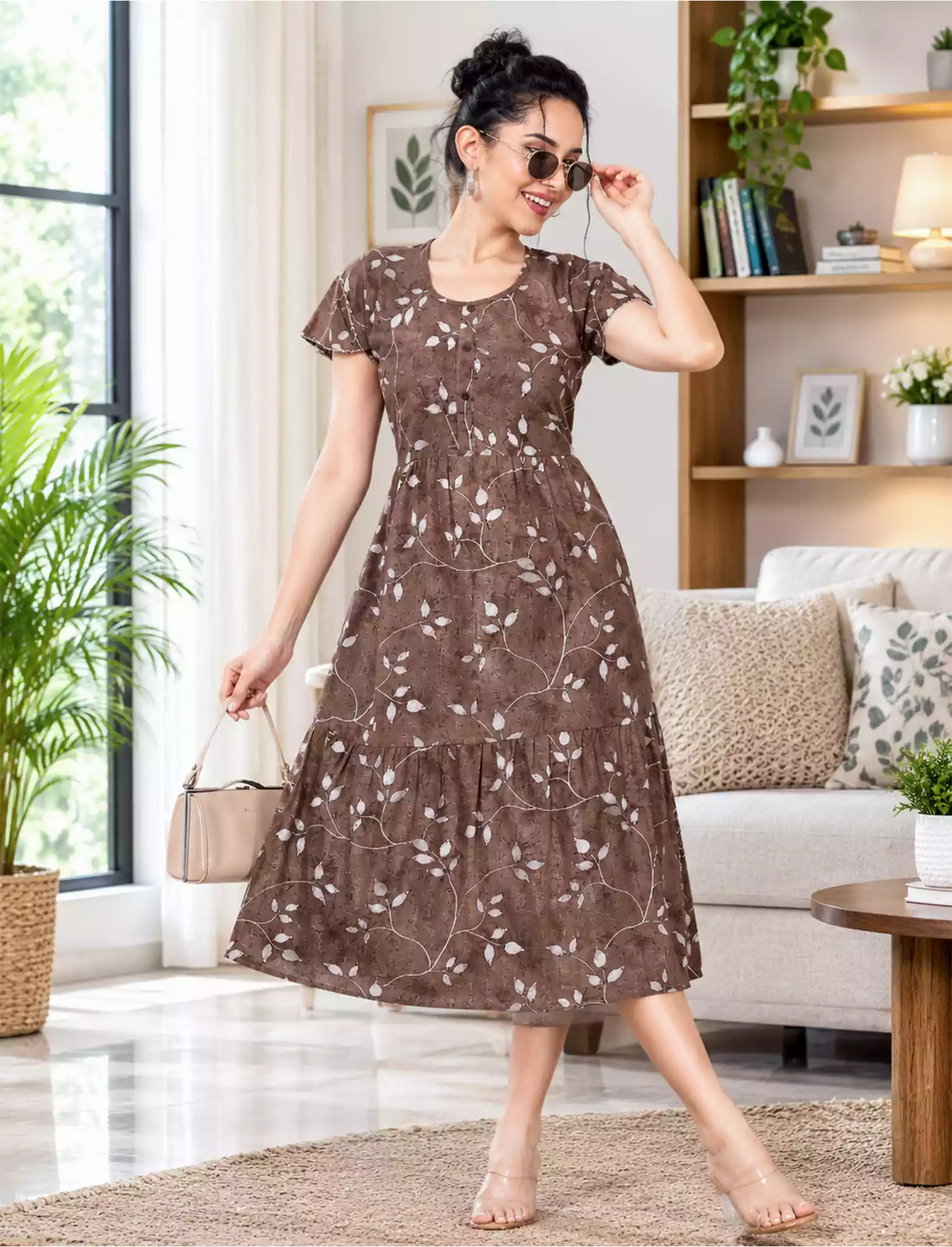 Alpine Petal Sleeve Floral Printed Maxi Dress Elegance - Mangai Nighties