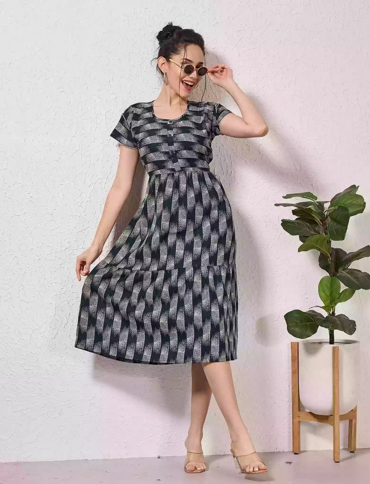 Alpine Petal Sleeve Floral Print Maxi Dress Fit With Side Pocket - Mangai Nighties