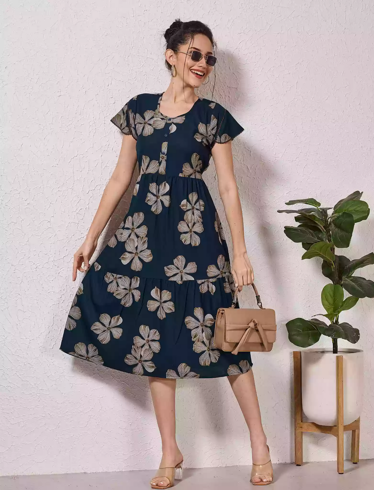 Alpine Petal Sleeve Printed Maxi Dress Elegance! - Mangai Nighties