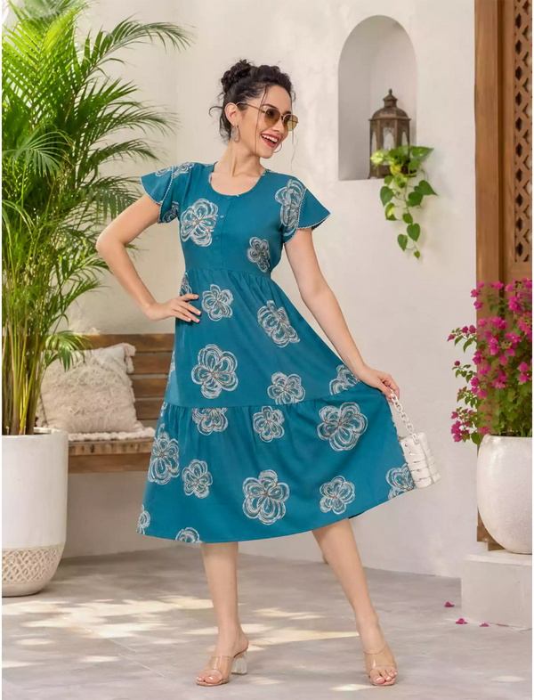 Alpine Petal Sleeve Floral Print Maxi Dress Fit with Back Tie - Mangai Nighties