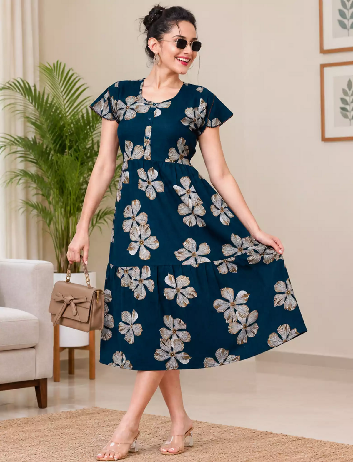 Alpine Petal Sleeve Printed Maxi Dress Elegance! - Mangai Nighties