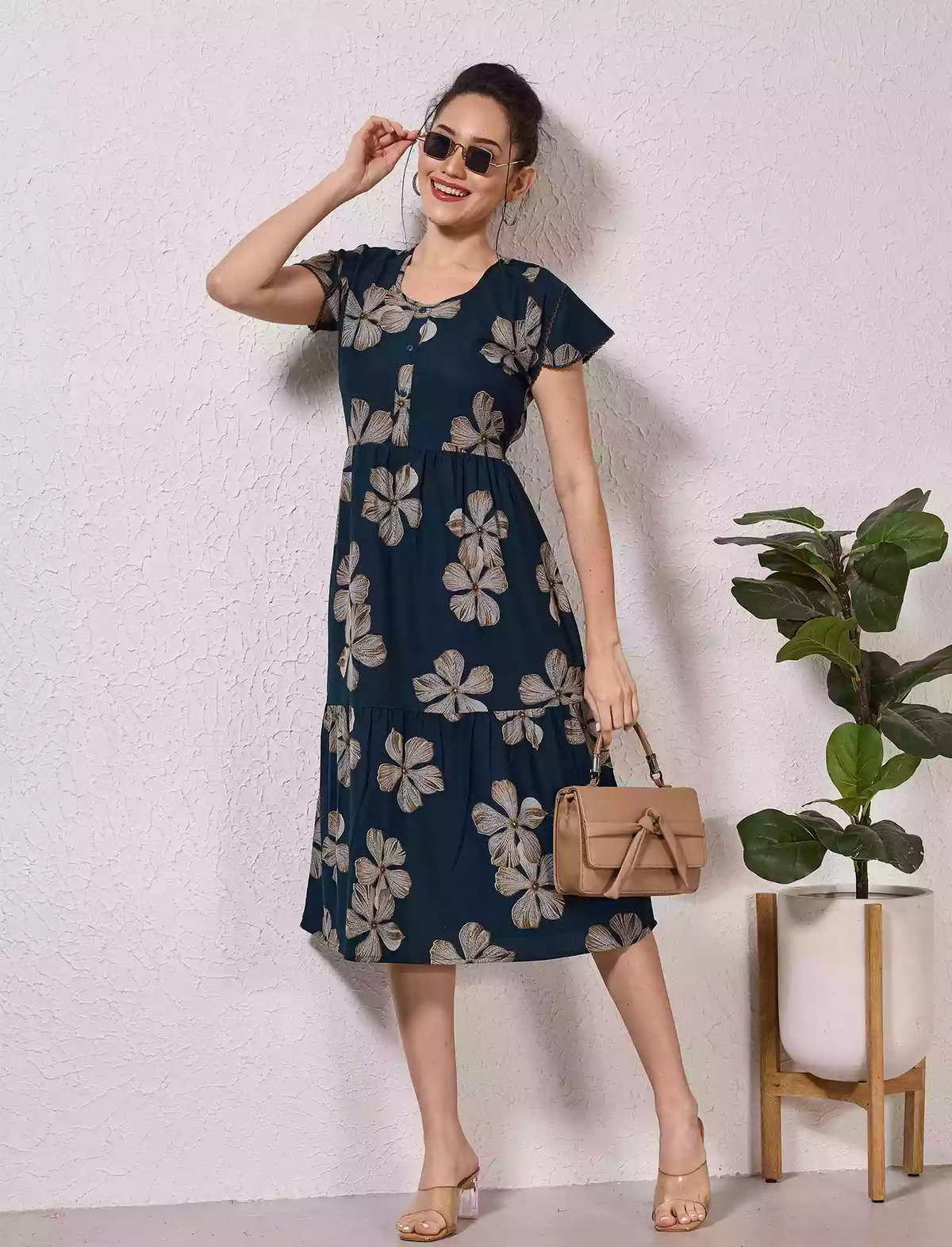 Alpine Petal Sleeve Printed Maxi Dress Elegance! - Mangai Nighties