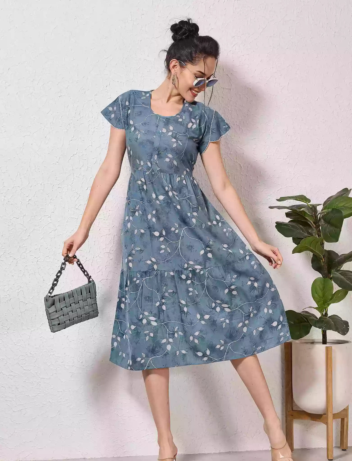 Alpine Petal Sleeve Floral Printed Maxi Dress Elegance - Mangai Nighties