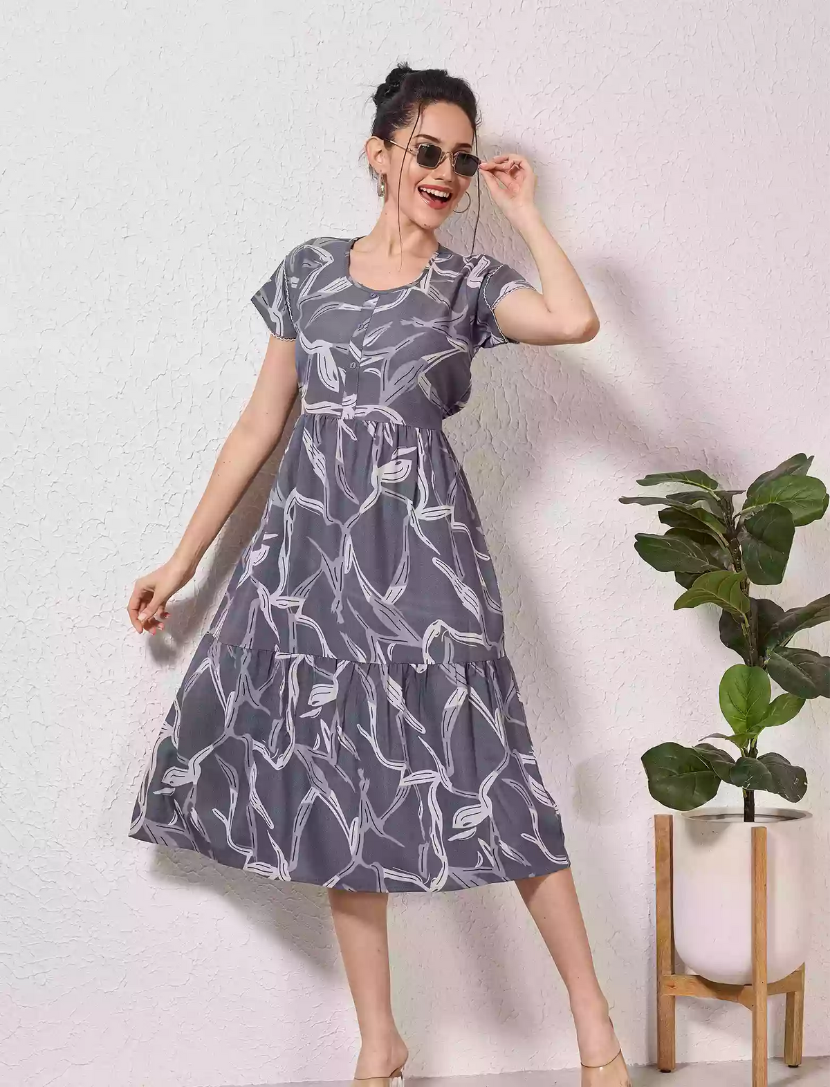 Alpine Petal Sleeve Floral Print Maxi Dress Fit - Mangai Nighties