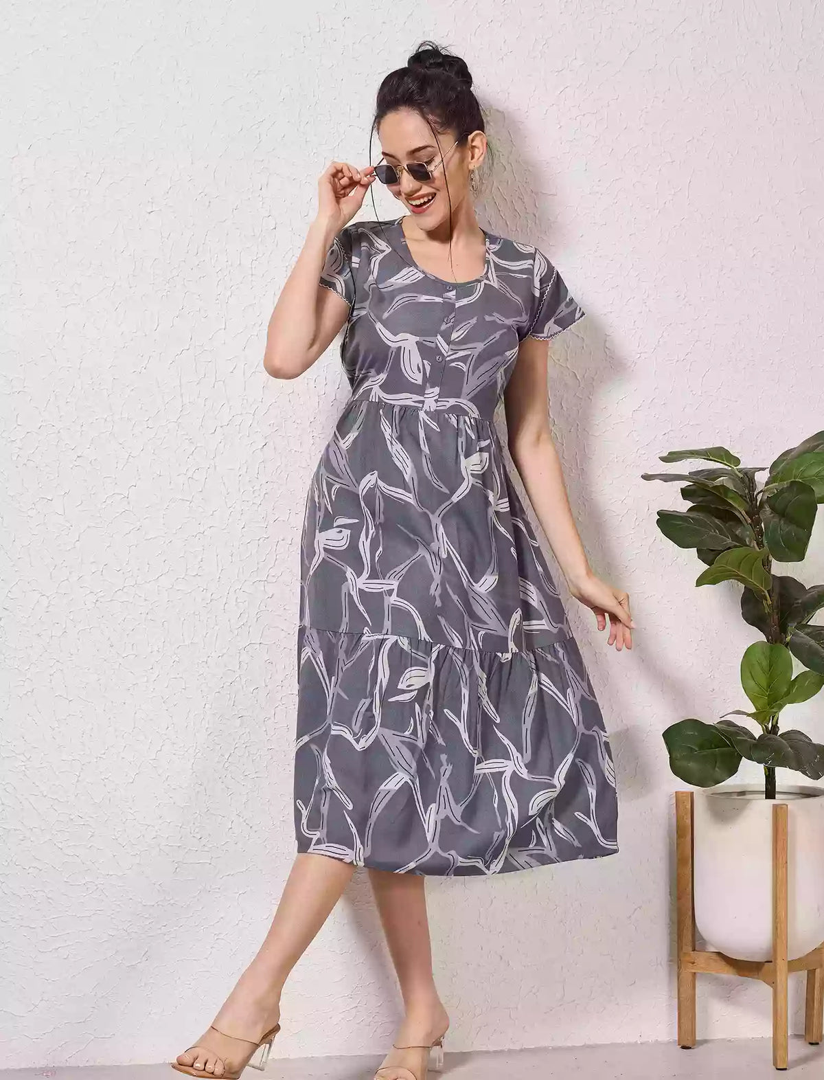 Alpine Petal Sleeve Floral Print Maxi Dress Fit - Mangai Nighties