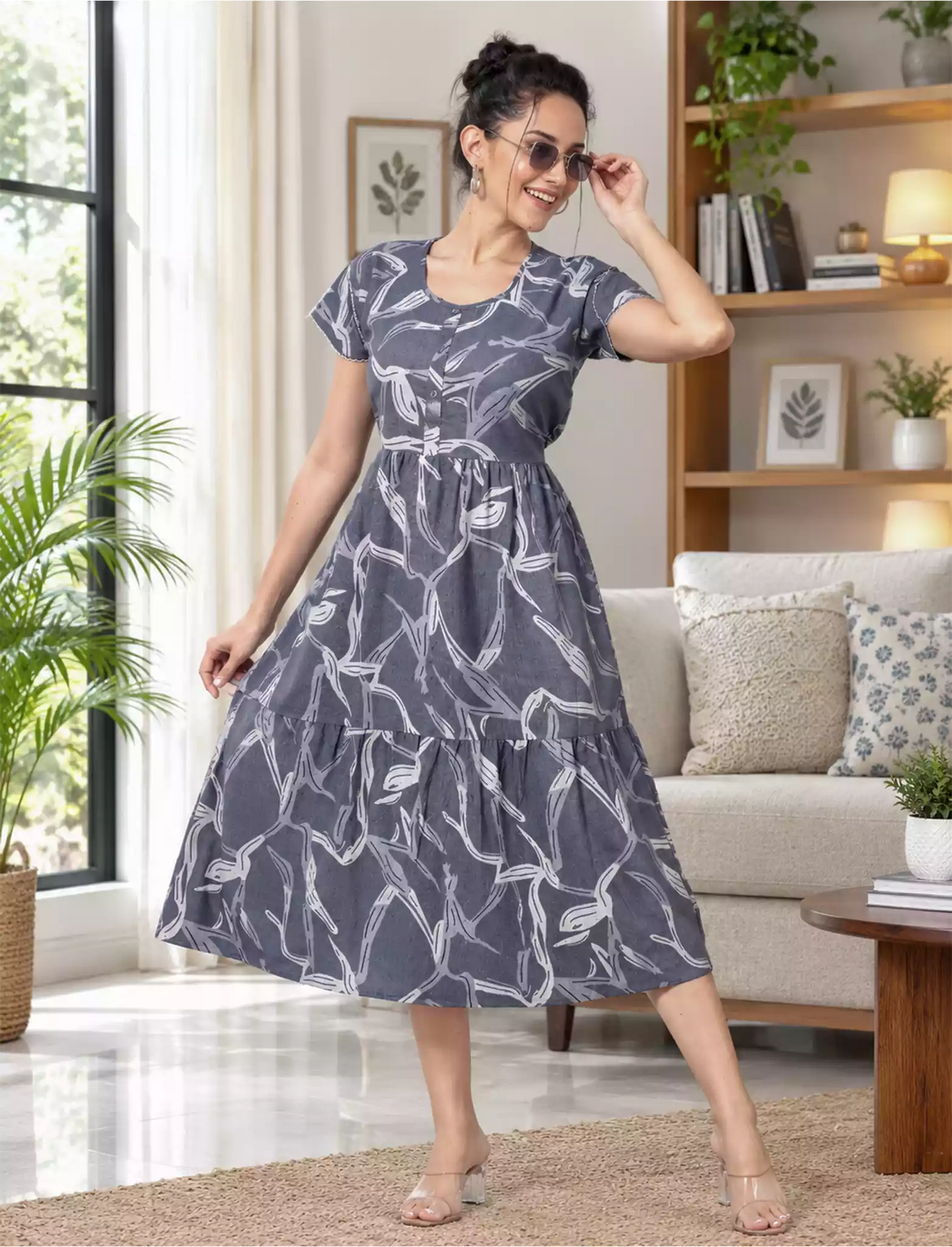 Alpine Petal Sleeve Floral Print Maxi Dress Fit - Mangai Nighties