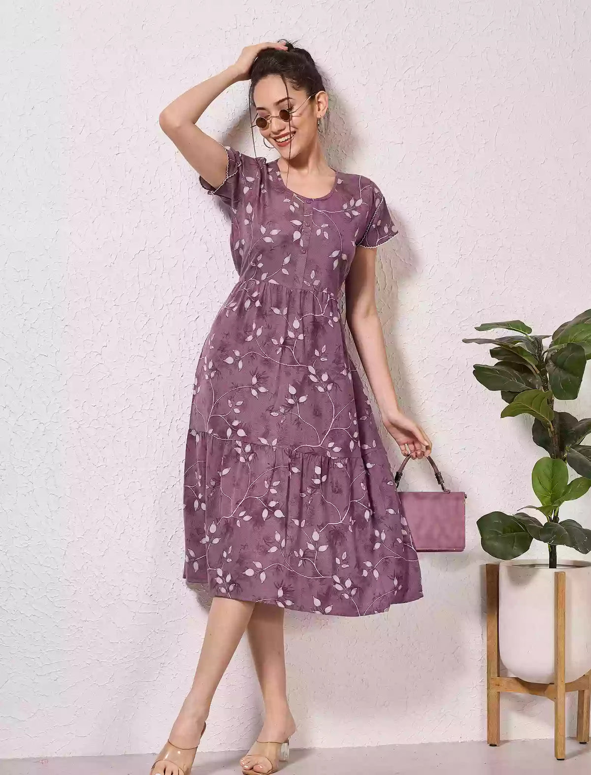 Alpine Petal Sleeve Floral Printed Maxi Dress Elegance - Mangai Nighties