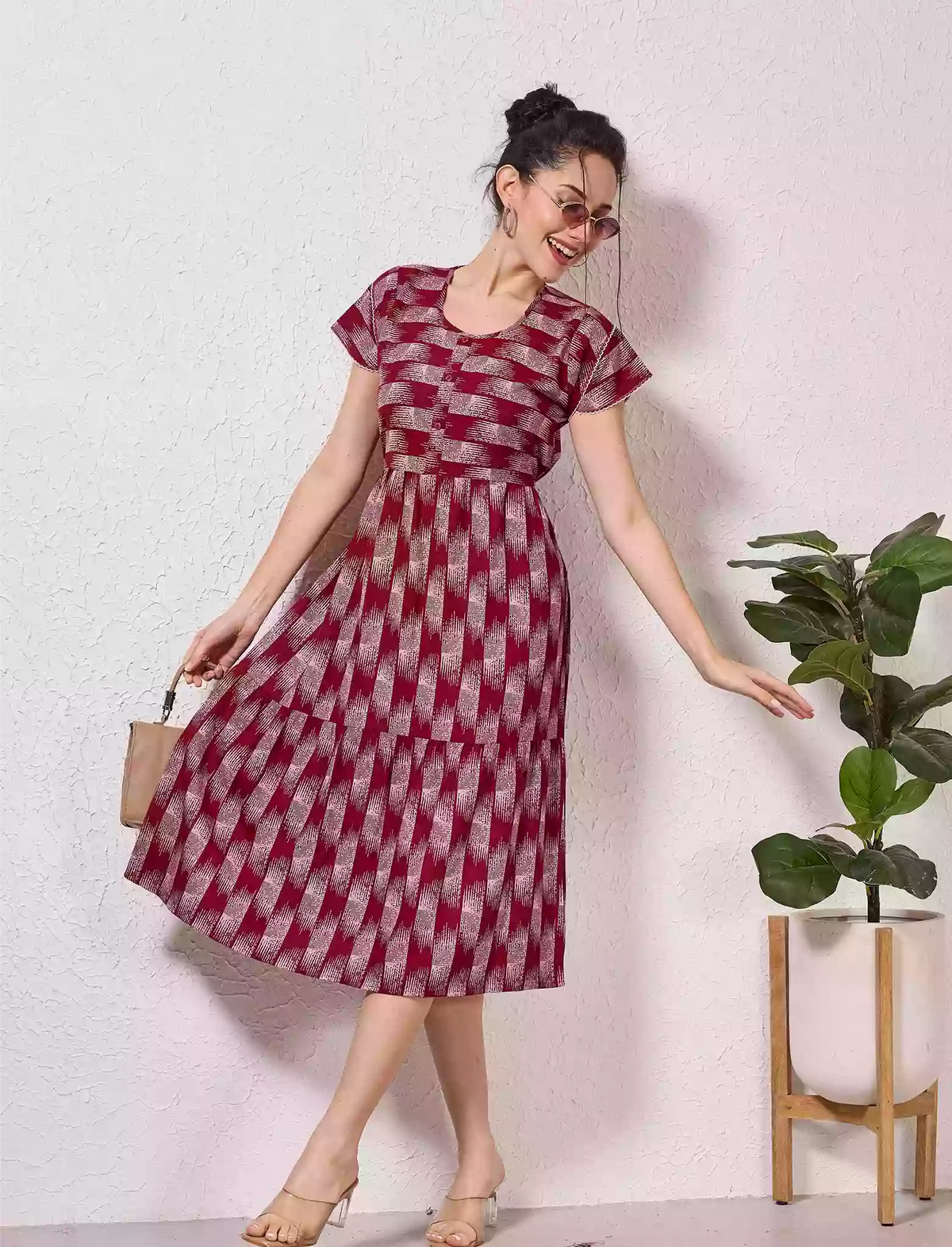 Alpine Petal Sleeve Floral Print Maxi Dress Fit With Side Pocket - Mangai Nighties