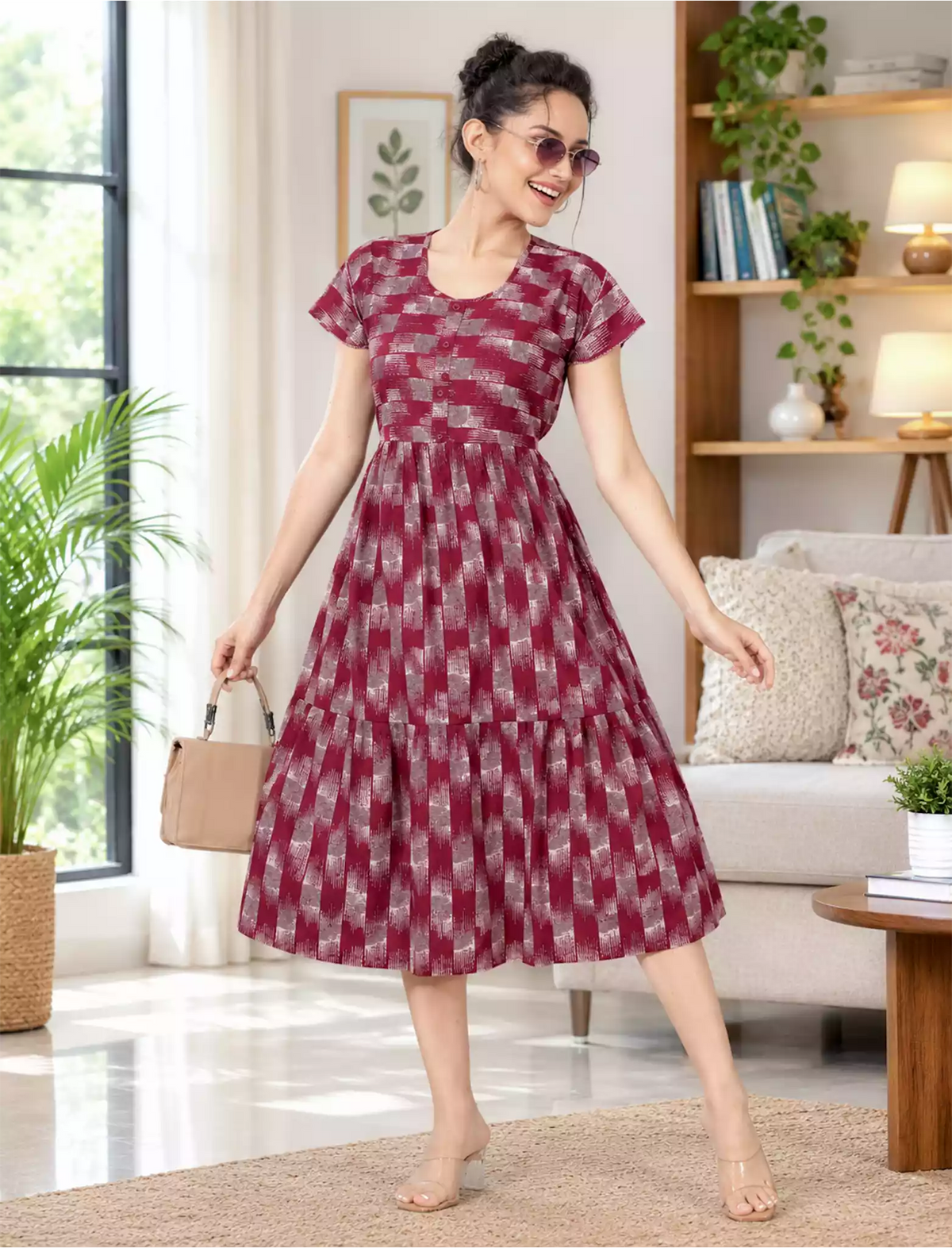 Alpine Petal Sleeve Floral Print Maxi Dress Fit With Side Pocket - Mangai Nighties