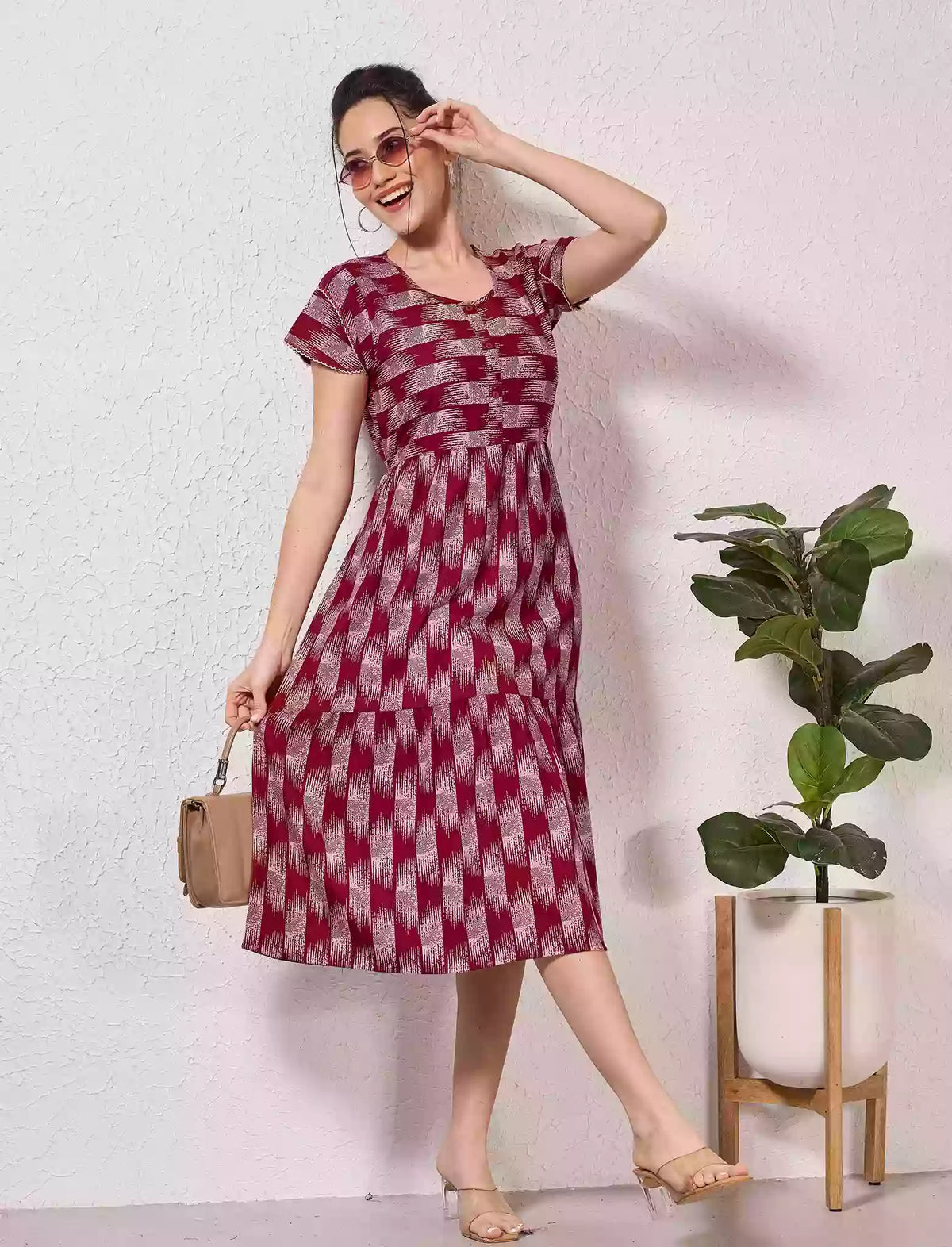 Alpine Petal Sleeve Floral Print Maxi Dress Fit With Side Pocket - Mangai Nighties