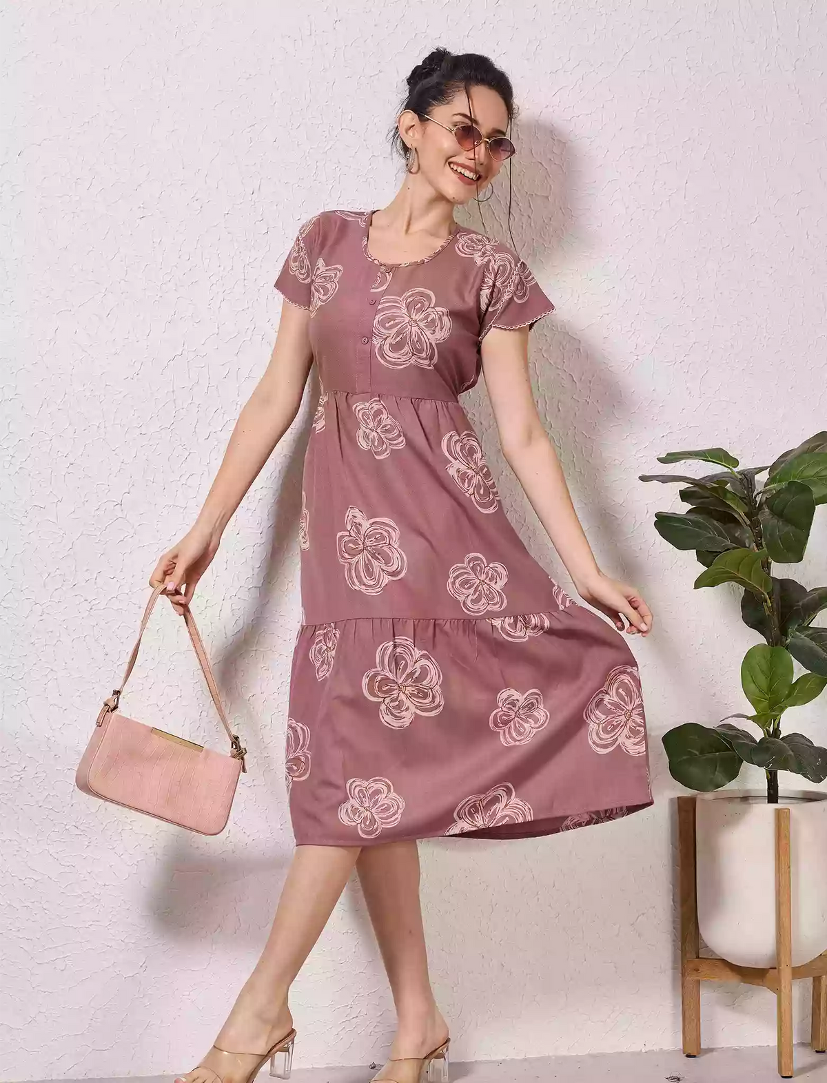 Alpine Petal Sleeve Floral Print Maxi Dress Fit with Back Tie - Mangai Nighties