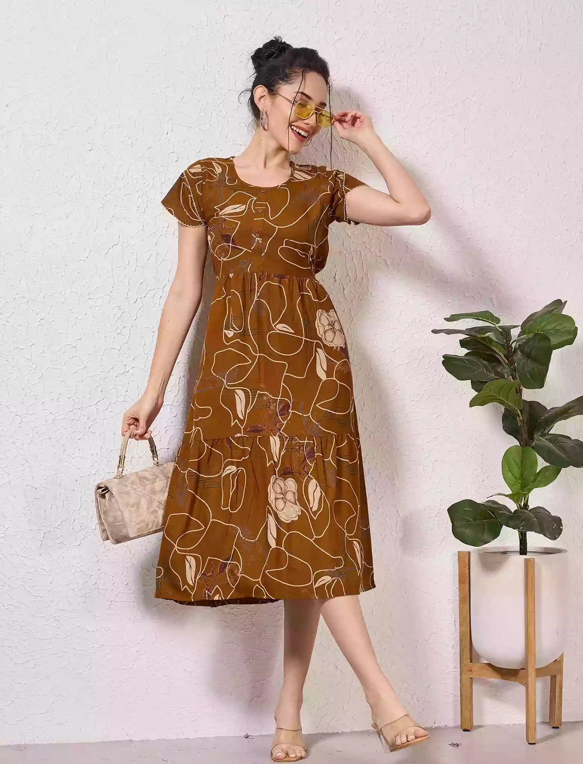 Alpine Petal Sleeve Printed Maxi Dress with Side Pocket - Mangai Nighties
