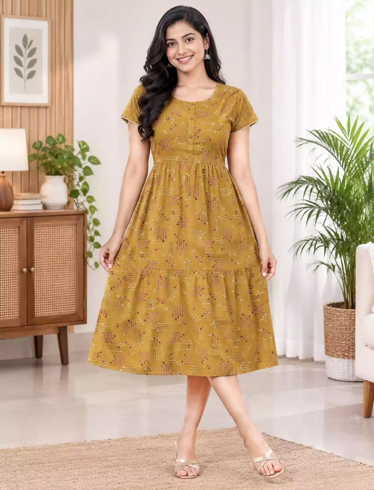 Alpine Geometric Print Maxi Dress Petal Sleeve for Mangai Nighties