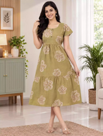 Alpine Petal Sleeve Floral Print Maxi Dress Fit with Back Tie - Mangai Nighties