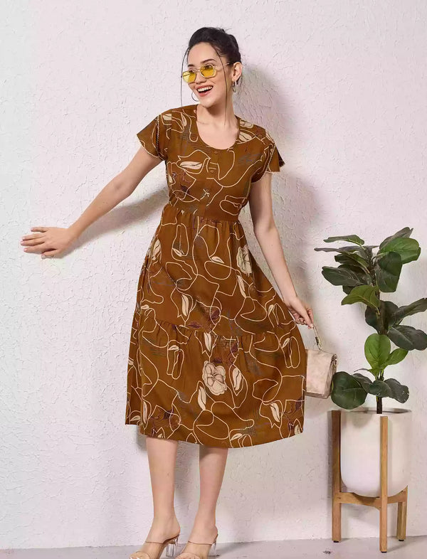 Alpine Petal Sleeve Printed Maxi Dress with Side Pocket - Mangai Nighties