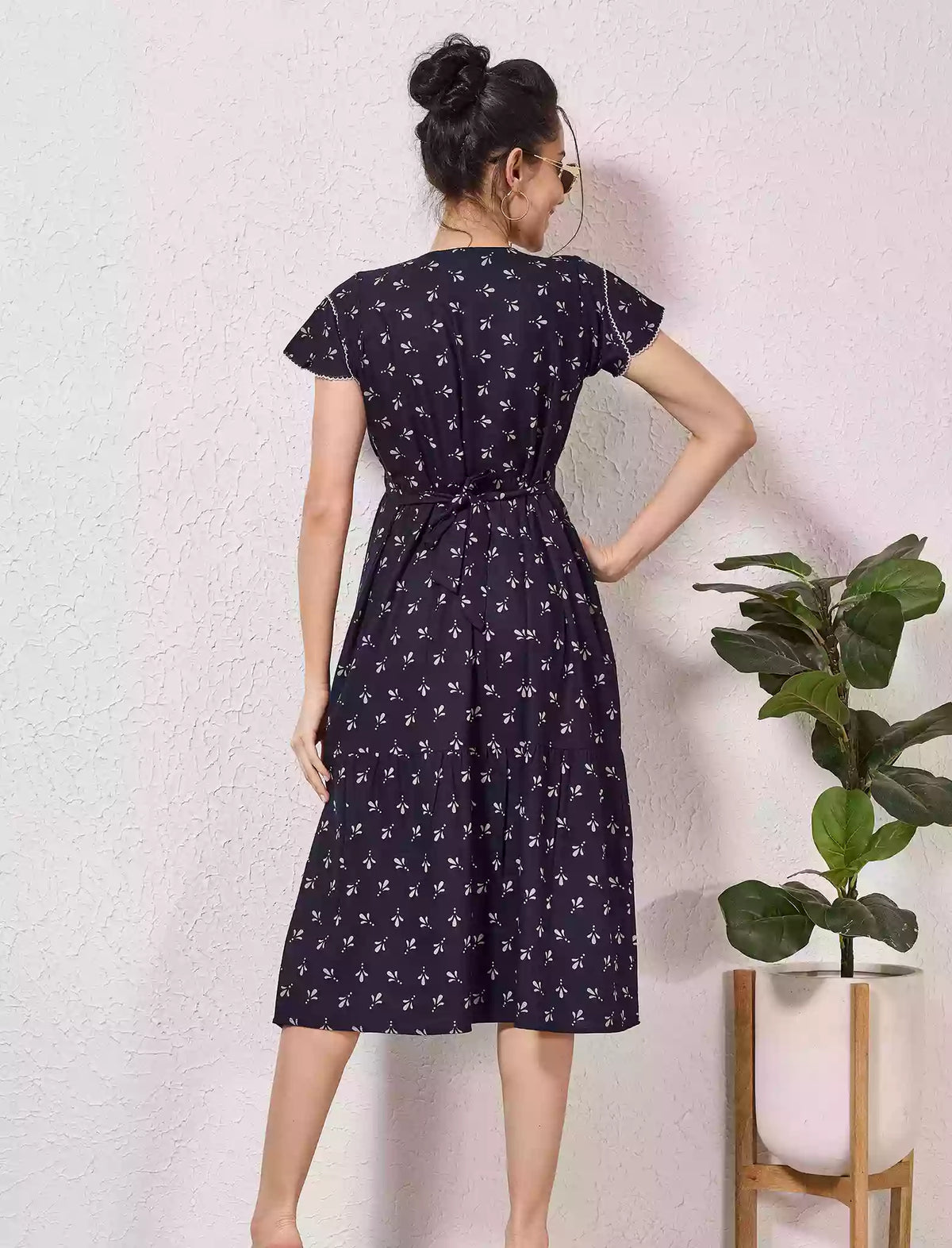 Alpine Petal Sleeve Floral Print Maxi Dress Fit with Back Tie - Mangai Nighties