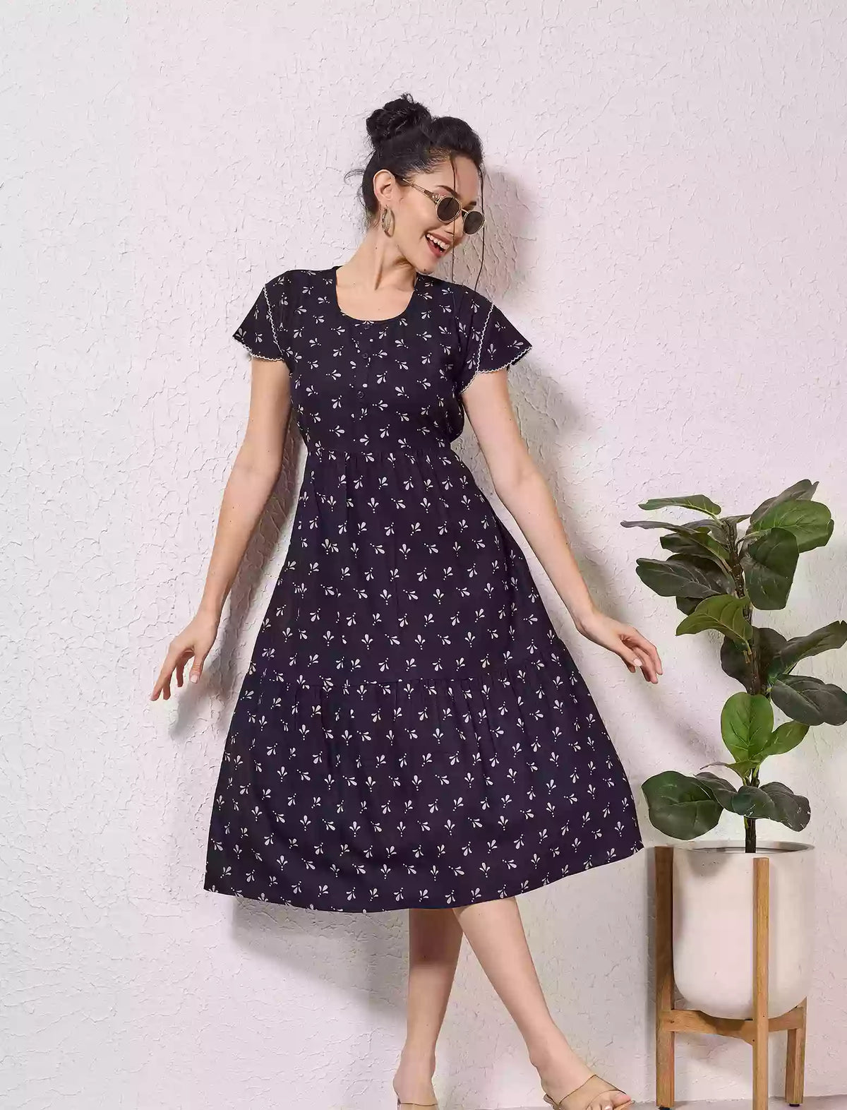 Alpine Petal Sleeve Floral Print Maxi Dress Fit with Back Tie - Mangai Nighties